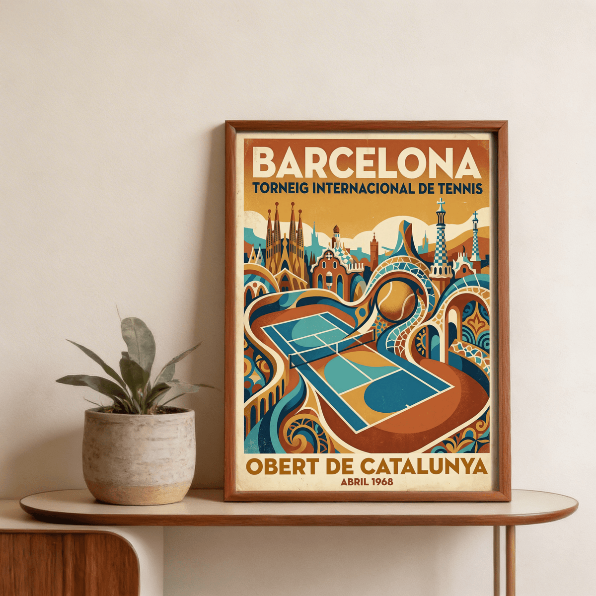 Barcelona Tennis Wall Art poster displaying blue, orange, beige mosaic patterns
