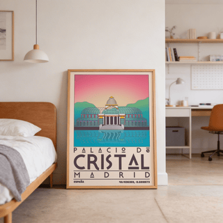 Madrid glass conservatory artwork with mirrored pond and distant hills