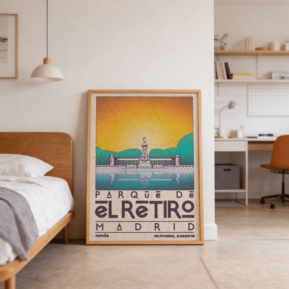 Mockup scene with Madrid Landscape Poster above console, featuring symmetrical monument and reflected water