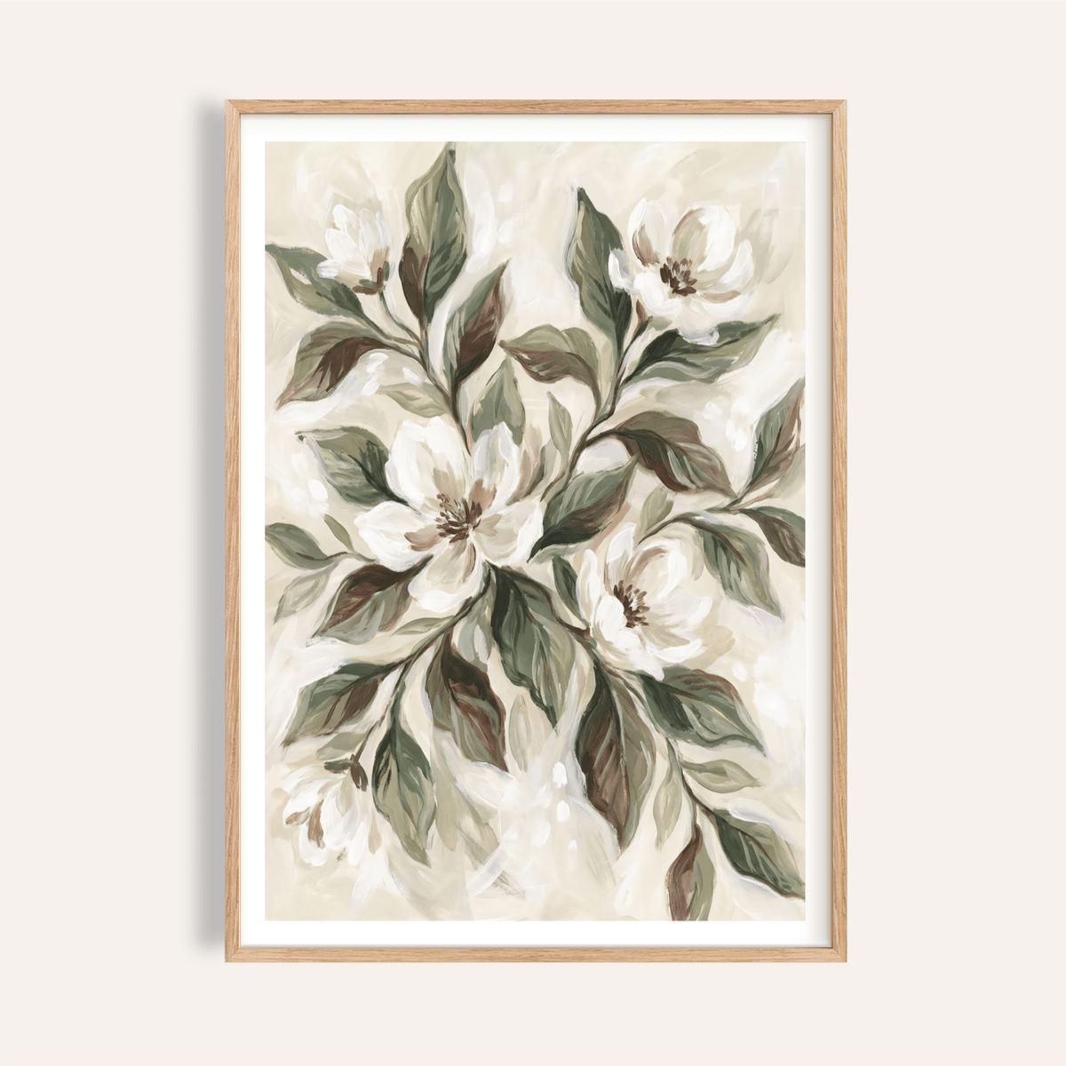 Magnolia Wall Decor with Brown, Green, Beige, and White for living room art print