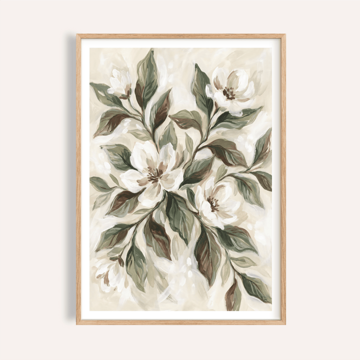 Magnolia Wall Decor with Brown, Green, Beige, and White for living room art print