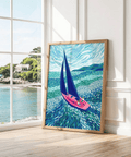 Sailboat Art Print with blue, pink, green for creative studio wall