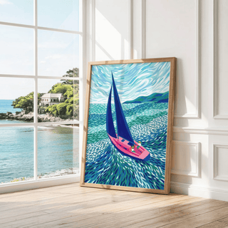 Sailboat Art Print with blue, pink, green for creative studio wall