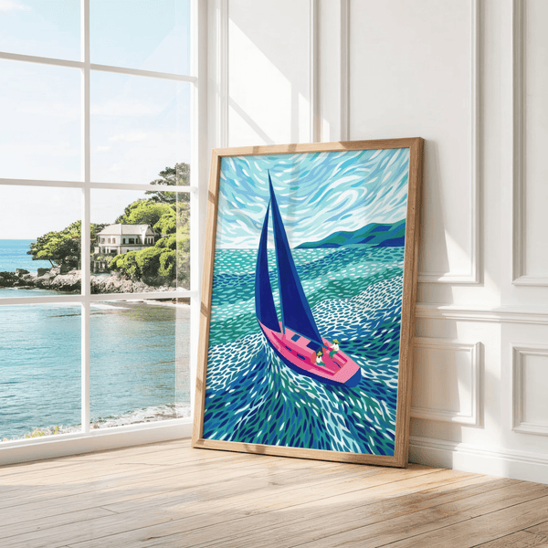 Sailboat Art Print with blue, pink, green for creative studio wall