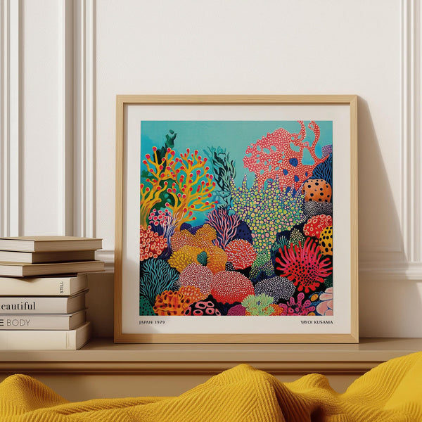 Colorful coral reef painting with tropical sea wall art elements and abstract marine forms.