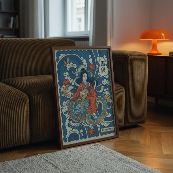 Japanese Goddess Wall Art with bold linework, vertical kanji panel, and lotus accents