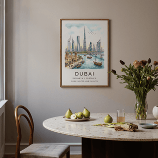 Detailed Dubai Skyline Wall Art poster featuring waterfront boats and city towers