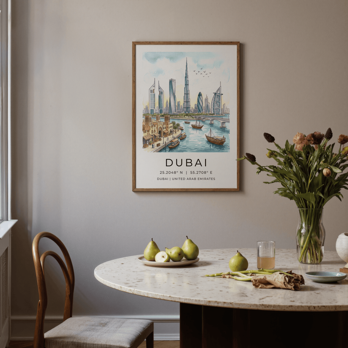 Detailed Dubai Skyline Wall Art poster featuring waterfront boats and city towers