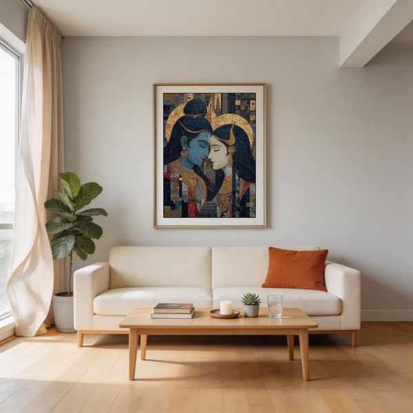 Detailed divine couple poster print with tiled mosaic texture and symmetrical face-to-face composition