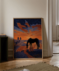 Horse Sunset Art Print graphic horizon scene in Blue, Orange, and Purple