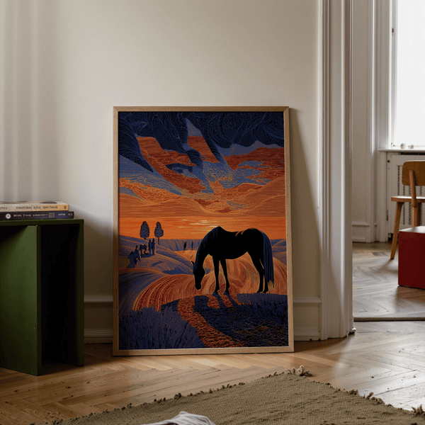 Horse Sunset Art Print graphic horizon scene in Blue, Orange, and Purple