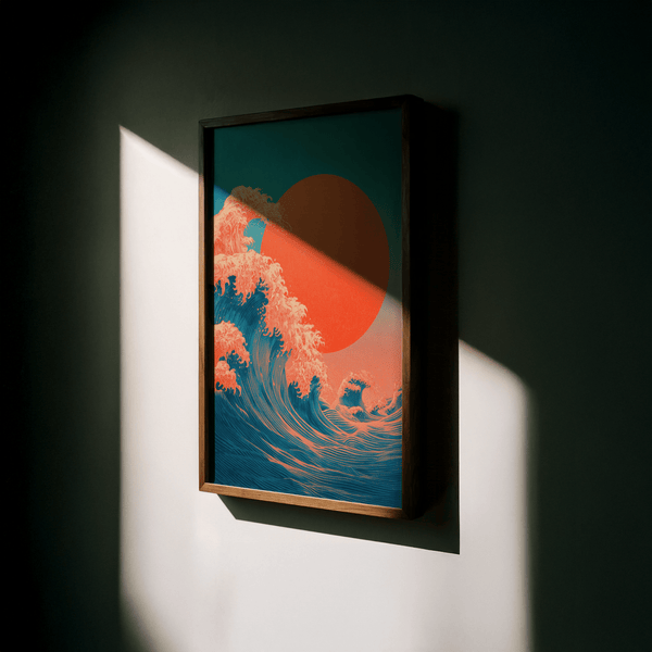 Japandi Waves Print Blue and Red poster for office setting