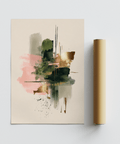 Pink and Green Print wall art, designed with abstract Pink and Green strokes and gold highlights, fits home office.