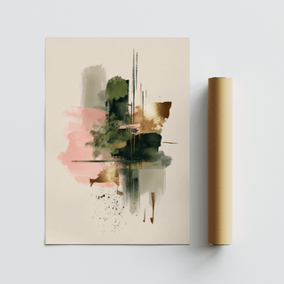 Pink and Green Print wall art, designed with abstract Pink and Green strokes and gold highlights, fits home office.