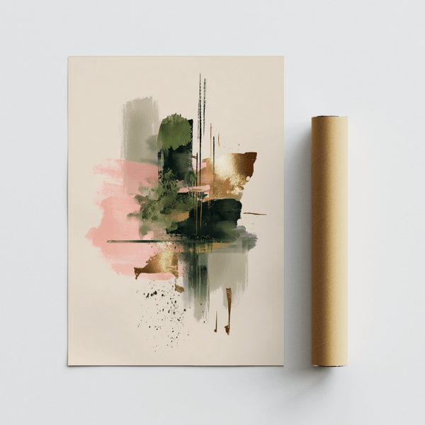 Pink and Green Print wall art, designed with abstract Pink and Green strokes and gold highlights, fits home office.