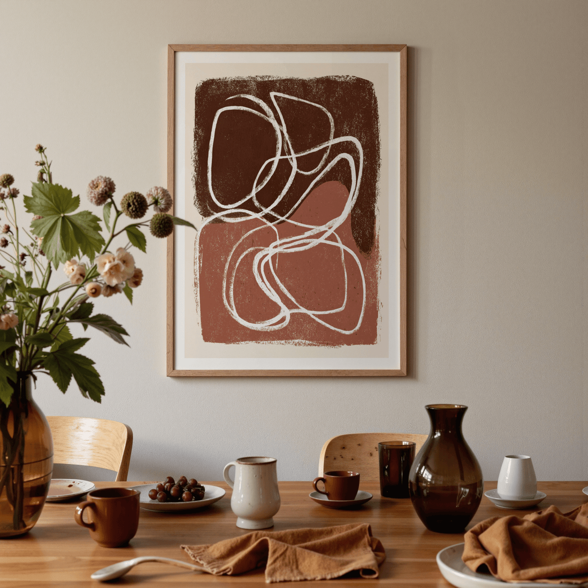 Graphic abstract poster print featuring thick contour line drawing over textured fields