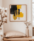 Abstract Poster Art with expressive yellow and black brushstrokes for lounge decor