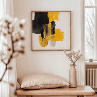 Abstract Poster Art with expressive yellow and black brushstrokes for lounge decor