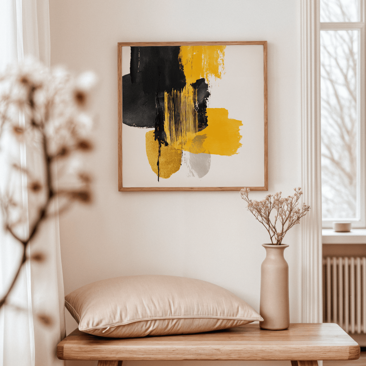 Abstract Poster Art with expressive yellow and black brushstrokes for lounge decor