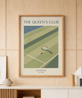Minimal Tennis Wall Art showing a racket and ball on a lined court with long diagonal shadows