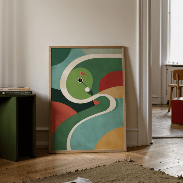 Modern golf course poster with layered curves, central green, and flag pin