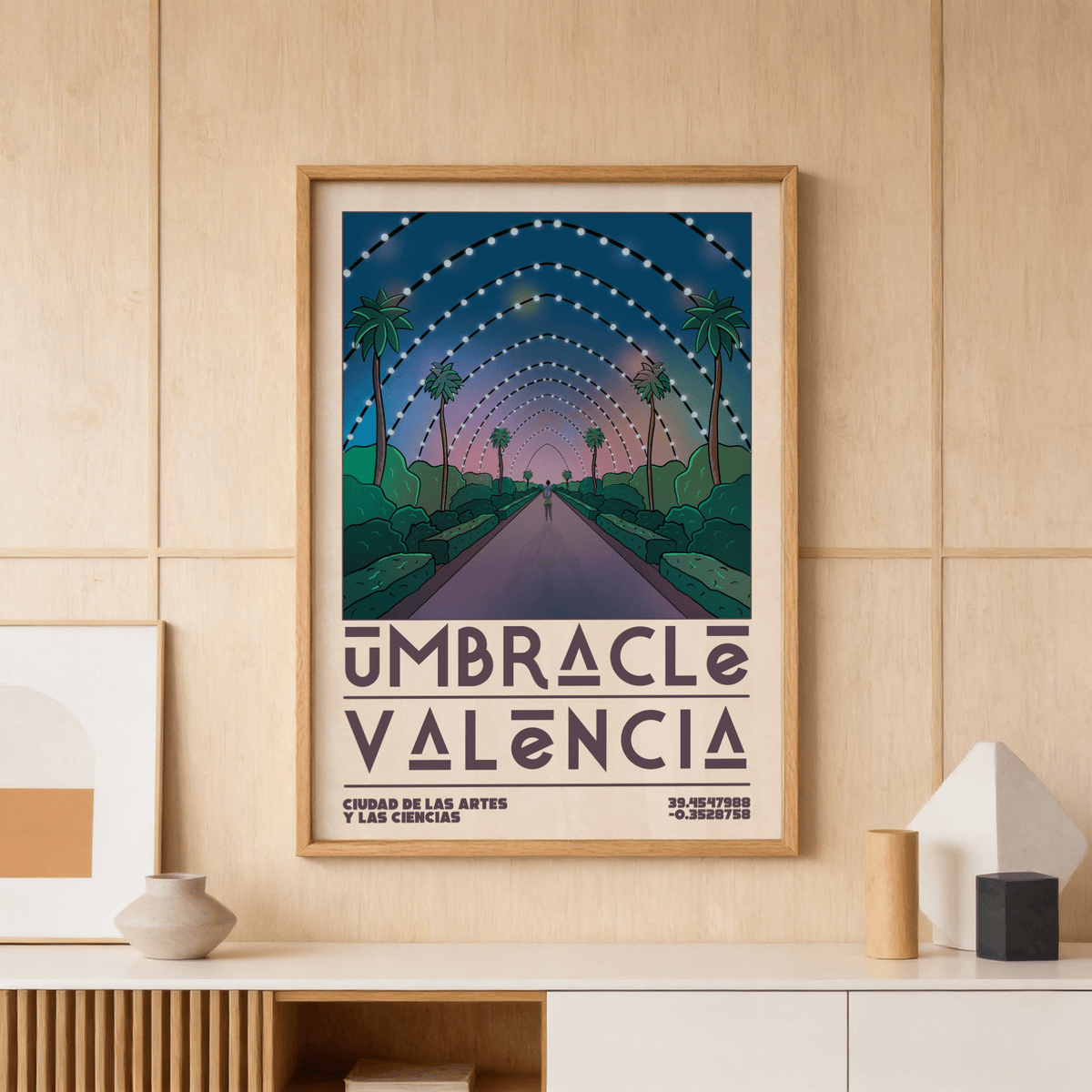 Stylized Valencia City Poster featuring Umbracle promenade and geometric text