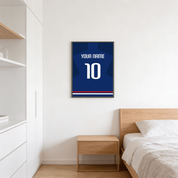 Showcasing custom football shirt poster with YOUR NAME lettering and large 10 numeral on jersey silhouette