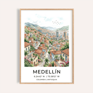 Framed Medellin City Art Print showing watercolour urban hillside with cable cars and birds