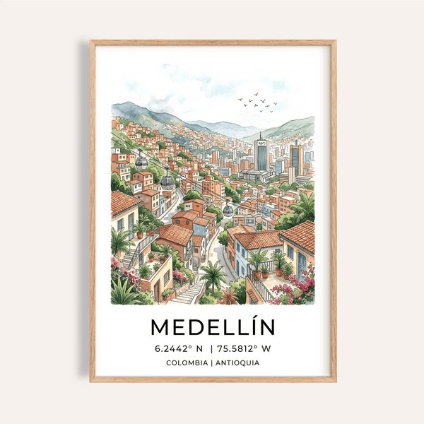Medellin City Art Print with cable cars over hillside homes