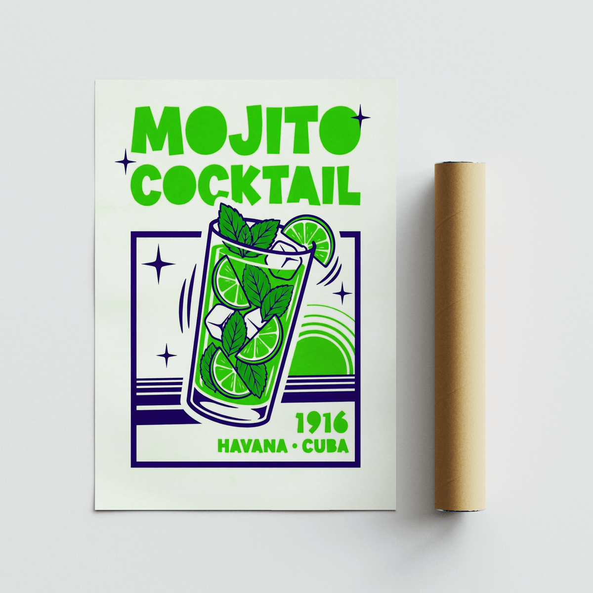 Mojito Cocktail Print wall art in Blue and Green for home bar