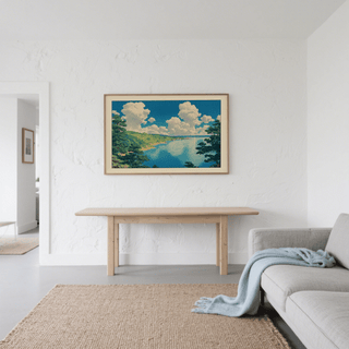 Wide-view Hasui Kawase seascape print poster featuring bay shoreline and cloud-filled sky