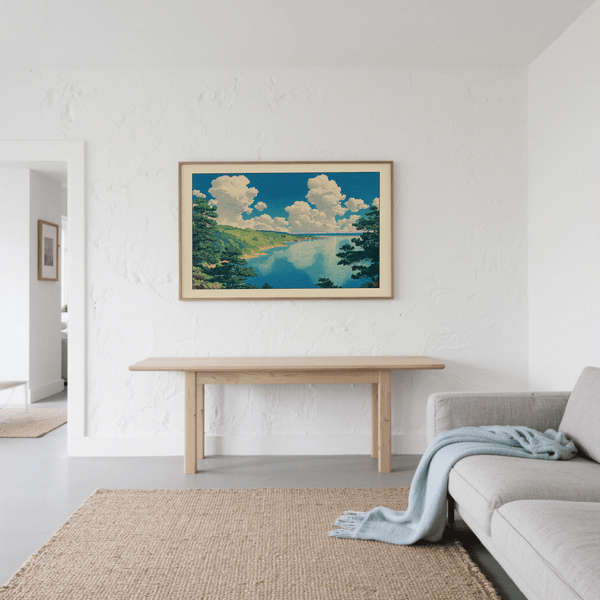 Wide-view Hasui Kawase seascape print poster featuring bay shoreline and cloud-filled sky