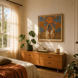 Front view of The Sun Tarot Card Art wall art featuring child rider and large sunflowers