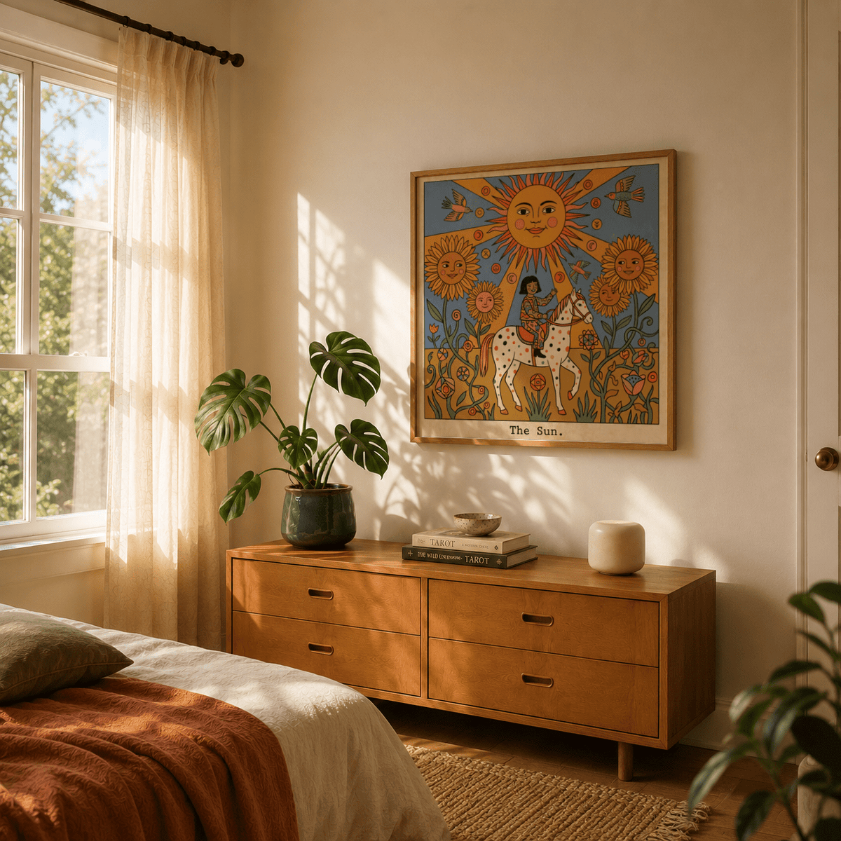 Front view of The Sun Tarot Card Art wall art featuring child rider and large sunflowers