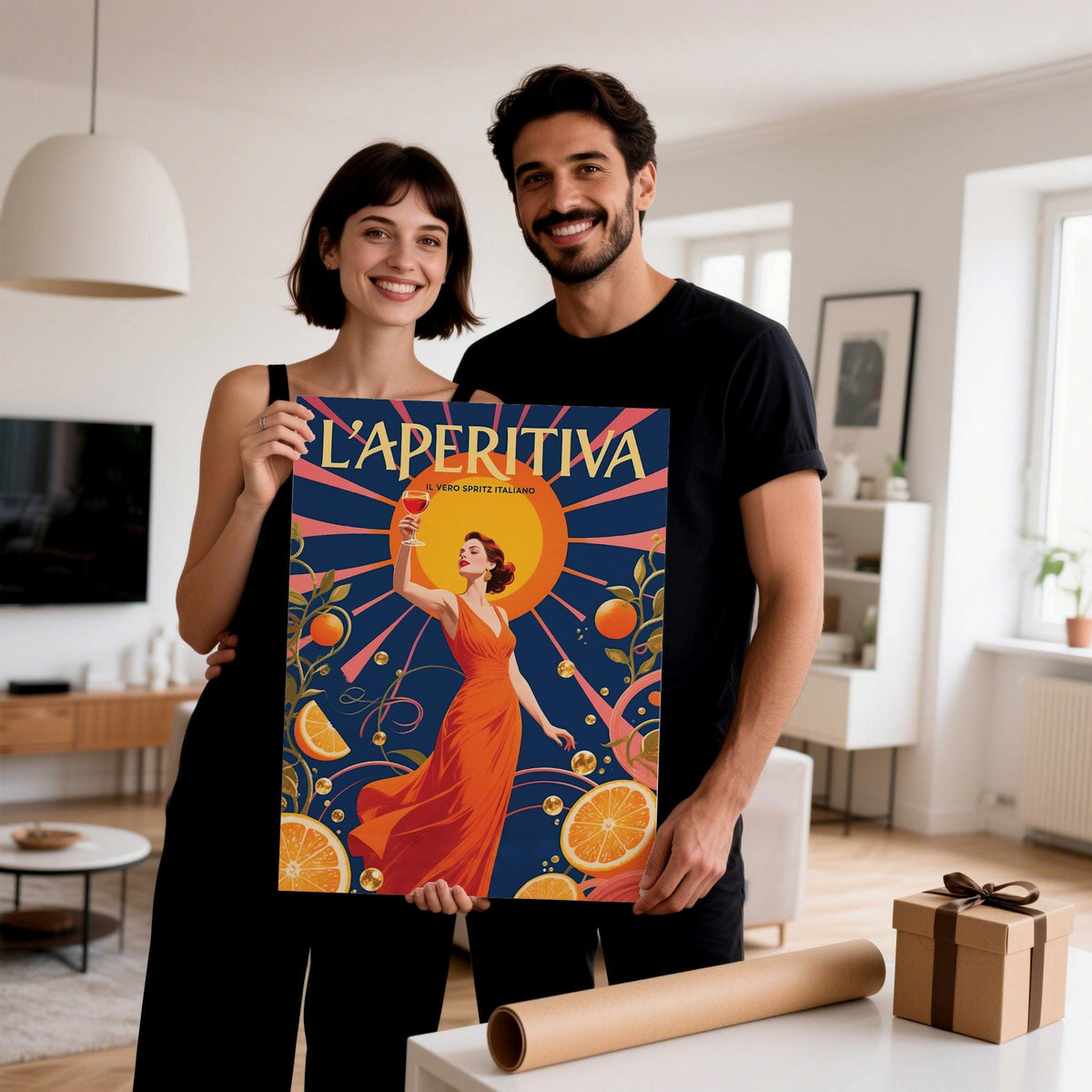 Italian aperitivo-inspired Aperol Spritz Gift poster with vibrant oranges.