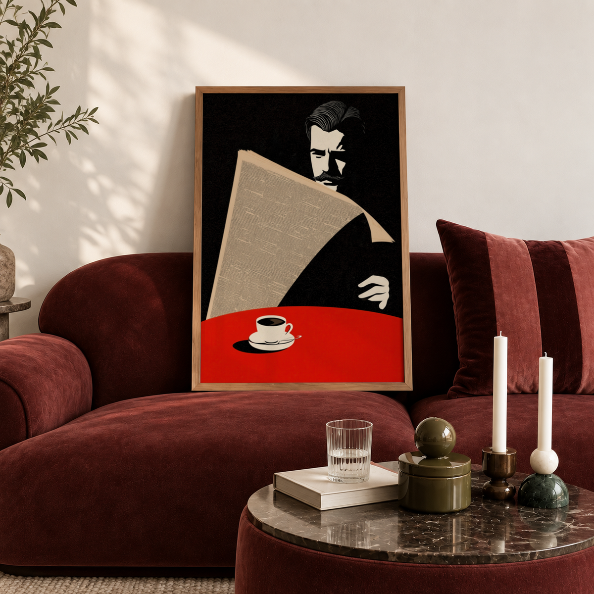 High-contrast wall art poster showing a man’s face partially obscured by a newspaper