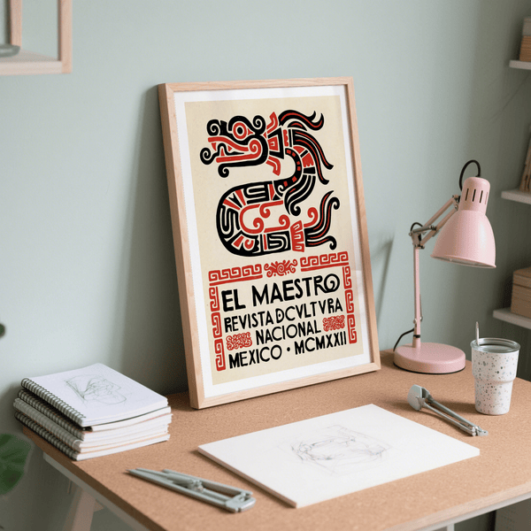 Ornamental serpent wall art print featuring spirals, maze patterns, and text block