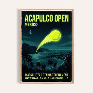 Acapulco Open Tennis Art Print poster with glowing tennis ball over night bay
