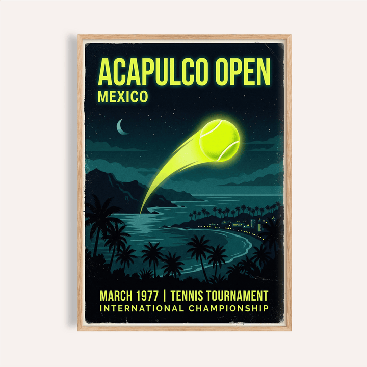Acapulco Open Tennis Art Print poster with glowing tennis ball over night bay