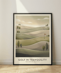 Landscape golf poster print with hole 18 flag, layered hills, and small golfers