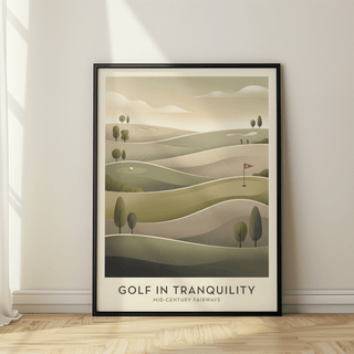 Landscape golf poster print with hole 18 flag, layered hills, and small golfers