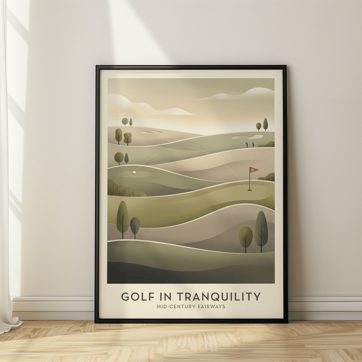 Landscape golf poster print with hole 18 flag, layered hills, and small golfers