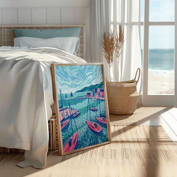 Chic Sailboats Wall Art with blue waves, best for modern wall art print