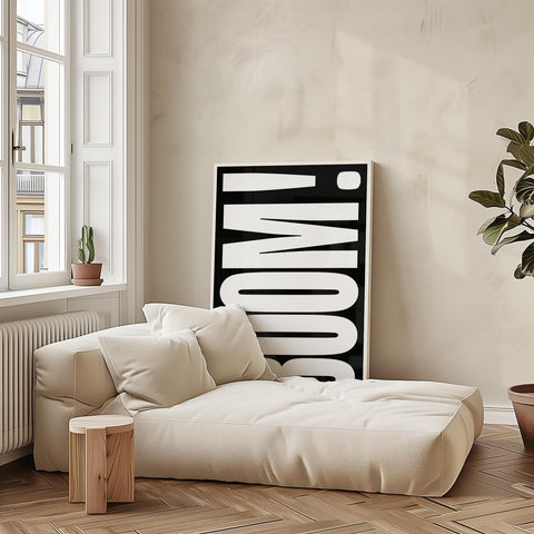 Abstract modern wall art featuring BOOM text