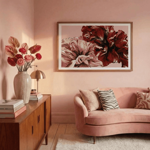 Wide composition of botanical artwork with airy beige background