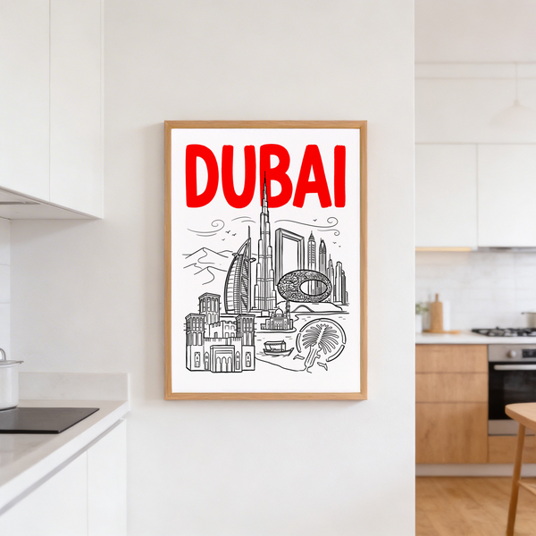 Architectural line poster with palm and crescent shoreline element