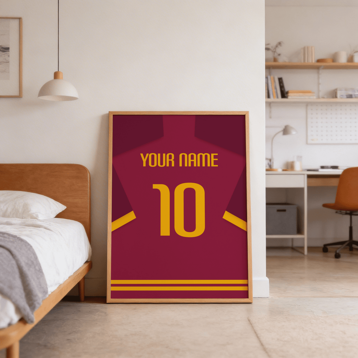 Framed Roma Football Shirt Poster hanging above a workspace