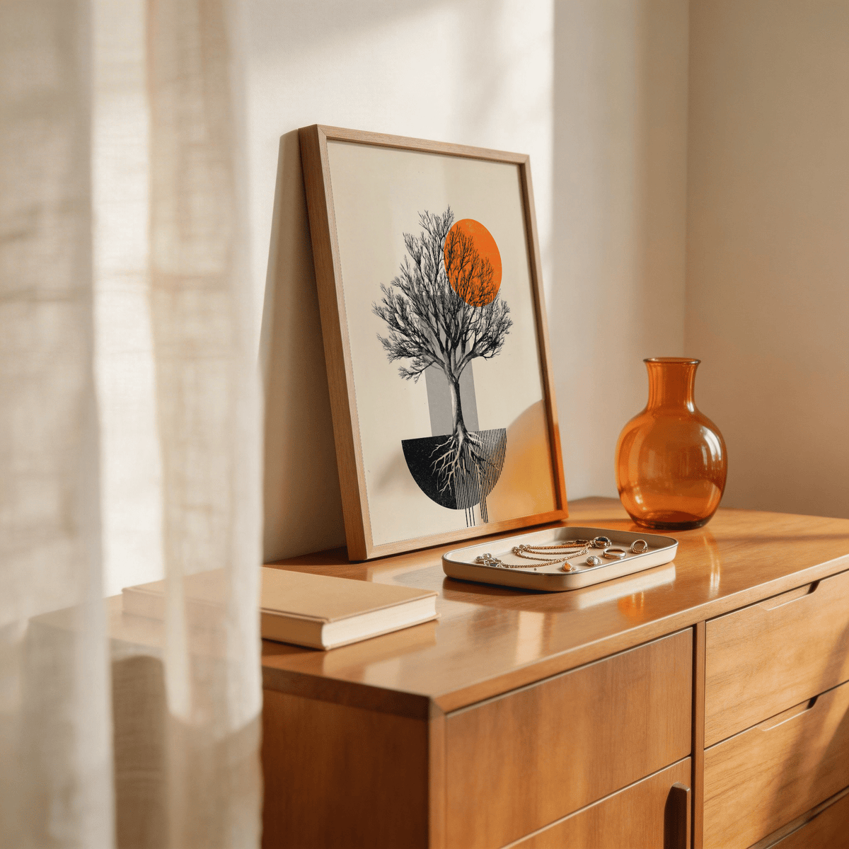 Abstract Tree Wall Art print showing leafless tree silhouette over half circle and striped rectangle