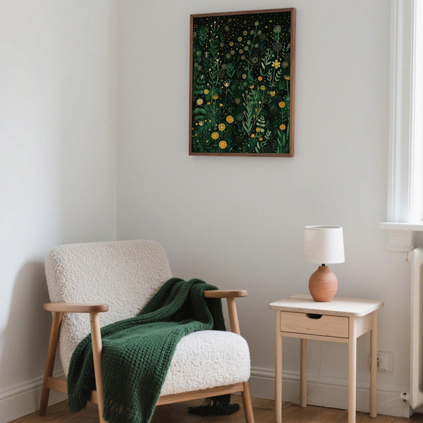 Green decor art print of wildflower meadow in modern illustration style.