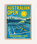 Australian Open Wall Art poster featuring retro tennis court in blue and yellow